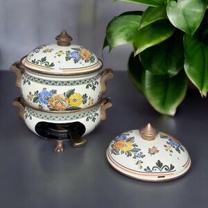 Vtg West Germany Asta Floral Food Enamelware Warmer Fondue Pot With Stand Brass